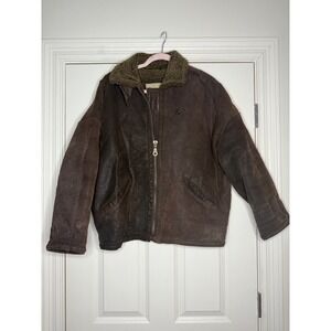 VTG Guess Brown Leather‎ Bomber Jacket Sherpa Inside Full Zip Size S Chin Strap
